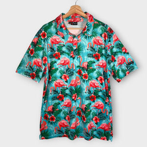 YATTA Polo Shirt LARGE Golf Performance Blue Hawaiian Flamingos EUC